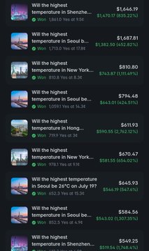 A list of real estate listings or weather forecasts showing temperature highs in various cities like Shenzhen, Seoul, New York, Hong Kong, and Paris, with corresponding prices and dates.
