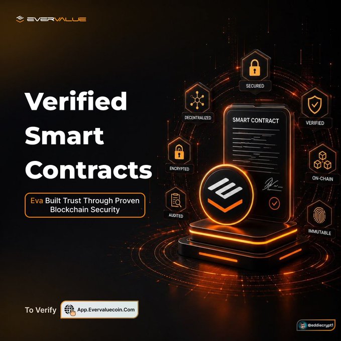 A promotional graphic for EverValue featuring the headline "Verified Smart Contracts" alongside a stylized smartphone displaying a smart contract, surrounded by security icons labeled "SECURED," "DECENTRALIZED," "VERIFIED," "ENCRYPTED," "ON-CHAIN," "AUDITED," and "IMMUTABLE," with the tagline "Eva Built Trust Through Proven Blockchain Security." The image directly supports the post's message by visually emphasizing the security and verification measures EverValue has implemented to build user trust.