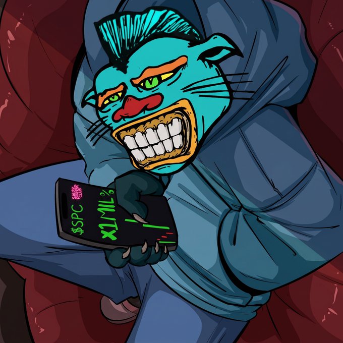 A colorful cartoon illustration of an angry blue-skinned character holding a smartphone displaying stock symbols '$SPC' and 'XLMI'.