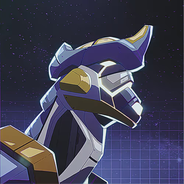 An illustration of a blue, white, and gold robotic or mecha-style dragon head against a dark blue starry background with grid lines.