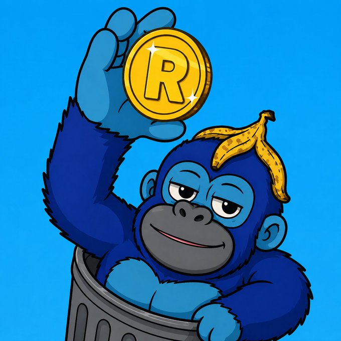 A cartoon illustration of a blue gorilla sitting in a trash can, holding up a gold coin with an 'R' on it against a bright blue background.