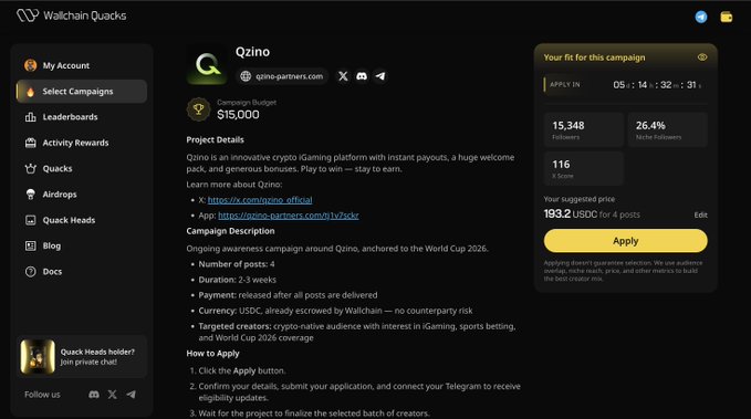 The image depicts a webpage from Wallchain showcasing a new campaign offering $15,000 as a reward pool. The target audience seems interested, given that @wallchain suggests around $80 for four posts. However, this time only three people have been recommended in the past campaigns, and they haven't been selected for this one. The current recommendation is for someone to apply with their post. The website also offers various features such as selecting campaigns from a list of options or even joining existing campaigns at any point during gameplay.