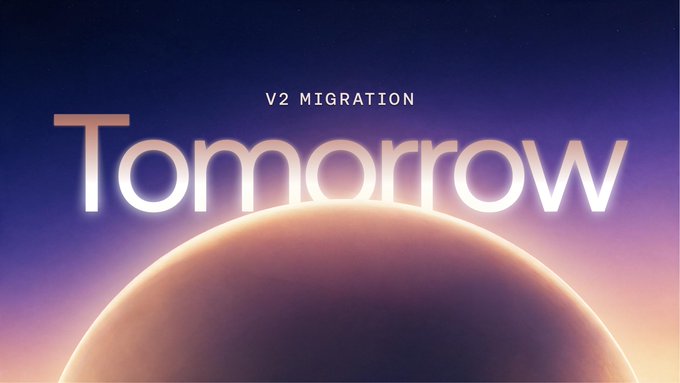 A stylized graphic features the word "Tomorrow" in large, glowing white text against a purple cosmic background, with a rising sun/planet at the bottom. Above the main text, smaller white letters read "V2 MIGRATION," directly reinforcing the announcement of an upcoming V2 migration.