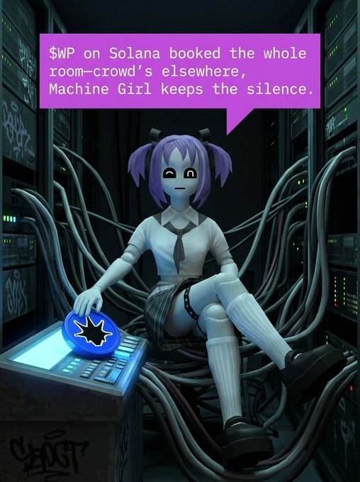 An anime-style illustration of a purple-haired 'Machine Girl' sitting on server cables in a data room; a speech bubble reads '$WP on Solana booked the whole room-crowd's elsewhere, Machine Girl keeps the silence.'