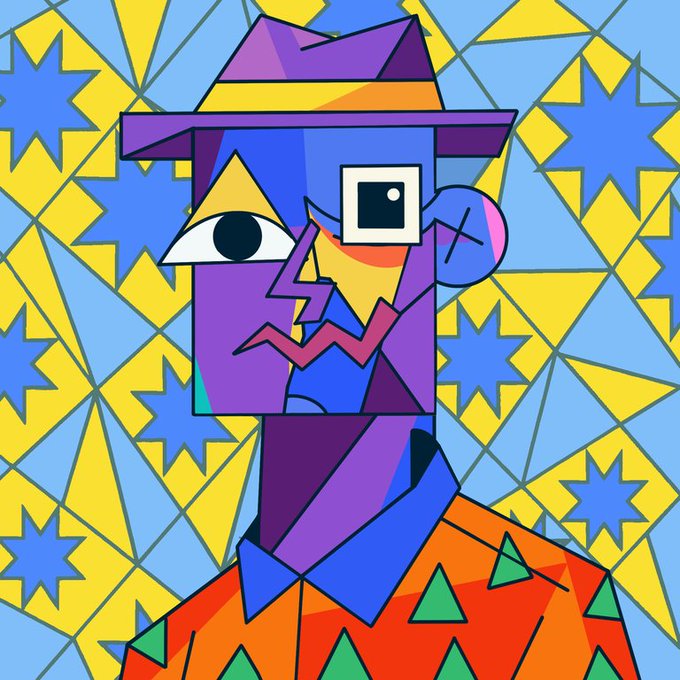 A colorful cubist-style illustration of a figure wearing a purple hat with yellow band, featuring mismatched eyes and geometric shapes against a vibrant blue and yellow starburst background.