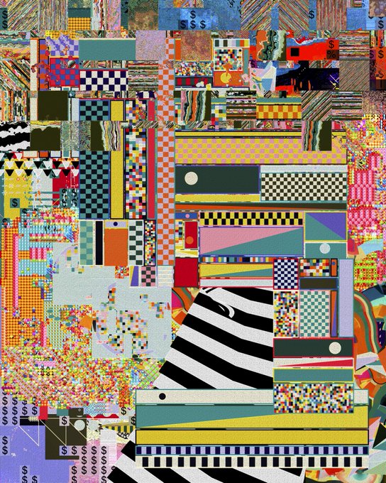 The image features a large, colorful abstract art piece composed of various shapes and patterns. It appears to be a collage or mixed media artwork with elements such as squares, rectangles, triangles, circles, and lines. The colors used are predominantly red, blue, green, yellow, orange, pink, black, white, and gray. The image is quite large, spanning across the entire width of the frame. It seems to be a creative representation or exploration of shapes and patterns in an abstract art style.