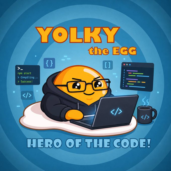 "YOLKY ON THE EGG!" is written above a cartoon egg that has a laptop computer on its lap, with a cup of coffee nearby. The text also mentions "hero of the code!".