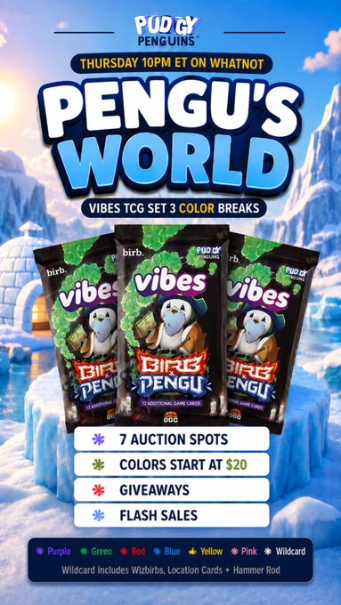 A promotional graphic for 'Pudgy Penguins Pengu's World' TCG set with 'Vibes TCG Set 3 Color Breaks', showing three card packs with penguins on an icy landscape background, advertising 7 auction spots and colors starting at $20.
