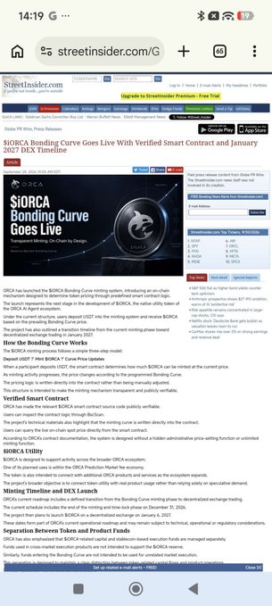 A mobile screenshot of a StreetInsider.com news article headlined "$iORCA Bonding Curve Goes Live With Verified Smart Contract and January 2027 DEX Timeline" from July 26, 2023, detailing ORCA's chain-verified bonding curve smart contract and product roadmap including utility, launch, and staking details.