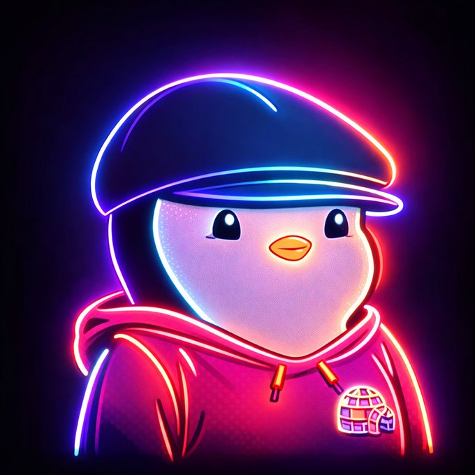 A neon-lit cartoon penguin wearing a cap and hoodie is depicted in vibrant blue and pink glow, embodying the $Pengu crypto mascot. The image visually reinforces the cheerful, upbeat tone of the morning well-wish, projecting energy and positivity for the start of a productive week.