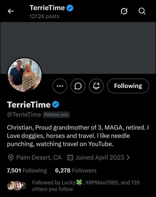 The image shows a social media post from a person named TerrieTime, who has tagged their account with a post about a special shoutout to one of the XRPOG followers. The post includes a caption that reads "Today, I will give a special shoutout to one of the XRPOG in my space.. Please give TerrieTime a follow all my friends and followers!".