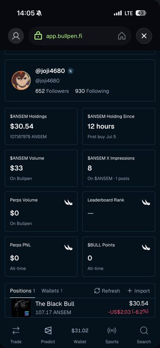 Screenshot of app.bullpen.fi showing user @joji4680's profile with $ANSEM holdings of $30.54 (107.1679 ANSEM), currently holding 'The Black Bull' position down -6.2%.