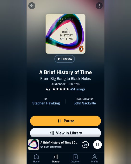 A mobile app screenshot displaying an audiobook titled 'A Brief History of Time: From Big Bang to Black Holes' by Stephen Hawking, narrated by John Sackville, rated 4.7 stars with 451 ratings and a 6h 57m runtime.