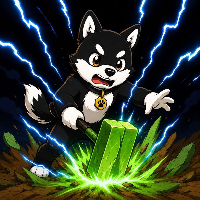 The image features a cartoon dog holding a green hammer, ready for battle against an enemy dragon. The dog's expression shows determination as he prepares to strike with his trusty tool. The background of the image is dark and stormy, adding intensity to the scene. The caption at the bottom of the image reads "这 个项目好像是 @MEXCZH 希望mame能够延续气势", emphasizing the dog's strength and determination in the face of danger.