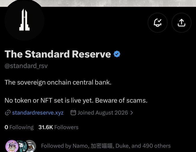 A Twitter/X profile for "The Standard Reserve" (@standard_rsv), describing itself as "The sovereign onchain central bank" with 31.6K followers, a verified checkmark, and a warning that "No token or NFT set is live yet. Beware of scams." The profile's website is standardreserve.xyz, and the accompanying post about WL (whitelist) farming and auctions suggests controversy around the project's allocation process to favored users.