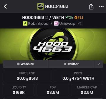 A cryptocurrency token page on a tracker app for 'HOOD4663' (HOOD4663/WETH pair), showing a green ninja-style logo, trading on Robinhood and Uniswap V2, with a price of $0.0₅8518, liquidity of $169K, and a market cap of $3.5M.