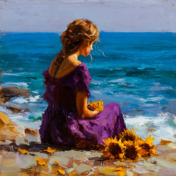 A young woman in a flowing purple dress sits by the sea, gazing out at the waves while holding a sunflower, evoking the contemplative and melancholic mood suggested by the post about the ocean remembering unspoken emotions.