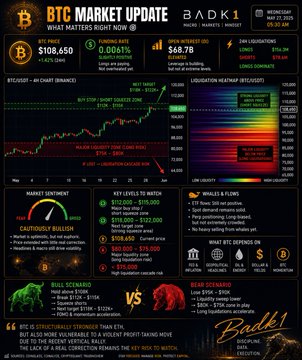 The image presents a detailed summary of the Bitcoin Market Update for the month of May 2005. It highlights the structural strength of the cryptocurrency market at that time, indicating minimal fluctuations in its value compared to other digital assets. However, the image also warns about the market becoming increasingly crowded and how this might impact the funding rate and trading conditions.