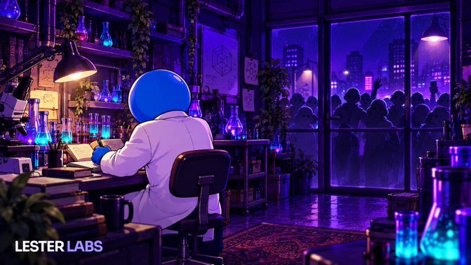 A digitally illustrated scene labeled 'LESTER LABS' showing a scientist with a blue spherical head working at a desk covered in glowing beakers, with a crowd of onlookers visible through a window behind them.
