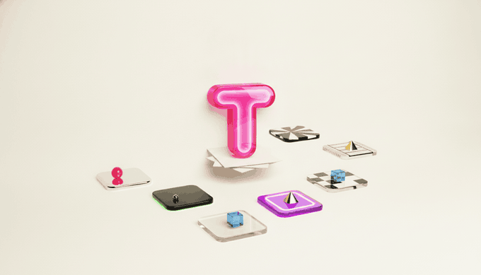 A 3D-rendered graphic featuring a pink translucent "T" logo surrounded by various small geometric objects and tiles on a cream-colored background.