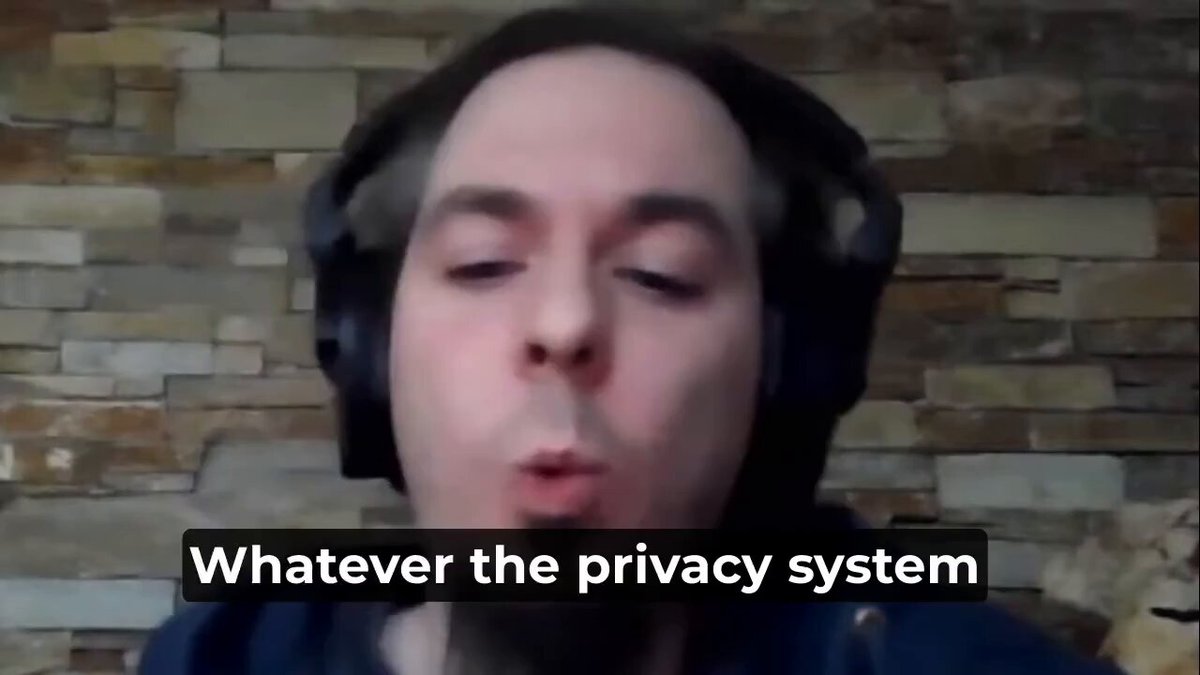 The image shows a man wearing headphones, with text overlaying his face that reads "What ever the privacy system?". The caption below the image states that people are going to value the auditability of Bitcoin 100% as an important factor for its success.
