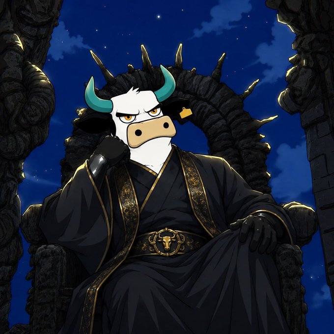 An anime-style illustration of a white cow-like character with teal horns wearing an elaborate black and gold robe, sitting on a stone throne against a night sky.