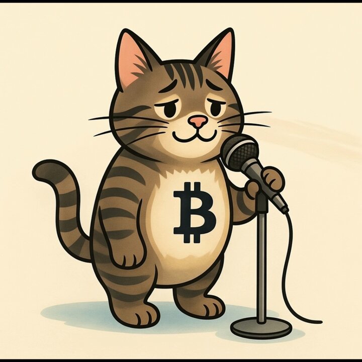 The image features a cartoon cat standing next to a microphone, holding it up as if singing or speaking into it. The cat has a Bitcoin symbol on its chest, indicating that it might be related to cryptocurrency or blockchain technology. The caption below the image reads "COIN #Ethereum #Crypto #AIDatingCenters".