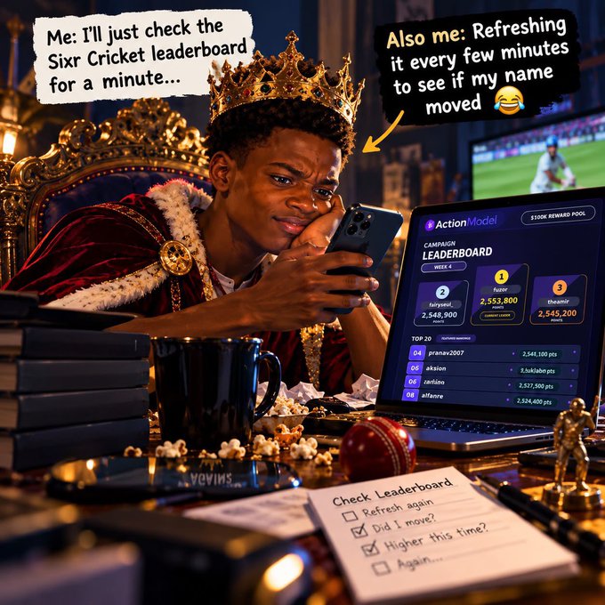 A humorous illustration of a young man wearing a crown and royal robe staring intently at a laptop showing the 'ActionModel Campaign Leaderboard' and his phone, with text bubbles joking about refreshing the Sixer Cricket leaderboard constantly to check his rank.