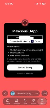A screenshot of a mobile browser showing a Blockaid security warning: "Malicious DApp, Connection blocked by Zerten, Potential risks: Theft of recovery phrase or password, Phishing attacks, Fake tokens or scams," with a "Back to Safety" button on a red/pink background.