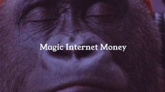 A purple-tinted close-up of a relaxed, eyes-closed gorilla face with the text "Magic Internet Money" overlaid, satirically capturing the bullish crypto-twitter sentiment behind the tweet's hyped "free bags" announcement for Vibefi's airdrop leaderboard.