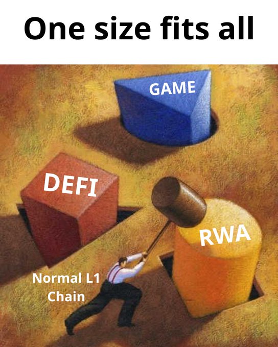 A humorous illustration showing a person trying to hammer a 'RWA' shape into a square hole alongside 'GAME' and 'DEFI' shapes that don't fit, captioned 'One size fits all' with 'Normal L1 Chain' labeling the person.