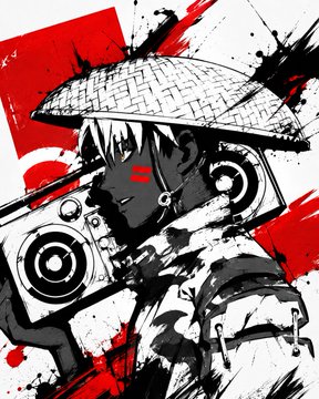 A stylized black, white, and red ink illustration of a figure wearing a traditional conical hat with heavy shadows and splattered red accents in an expressive, high-contrast style, matching the "PART 1/2" prompt for a black/white/red NFT PFP ink illustration.
