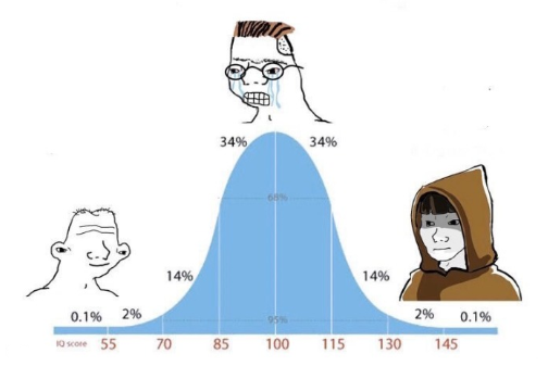 The image is a bell curve meme showing IQ distribution with characters representing different intelligence levels: a low-IQ drooling figure (0.1% at IQ 55), a confused-looking man (2% at IQ 70), a crying person with glasses at the peak (34% each at IQ 85 and 100), and a hooded "Jedi" figure (2% at IQ 145). It fits the tweet's call for bell curve memes by playing on the classic "average vs. extremes" joke format, which could be tied to the $HOODIE airdrop promotion.