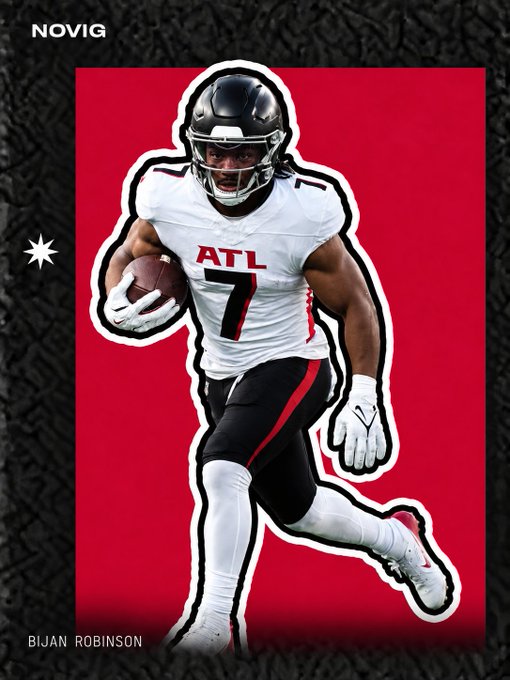 Atlanta Falcons running back Bijan Robinson, wearing #7 in a white "ATL" jersey, carries the football in a sticker-style image sponsored by Novig, commemorating his historic feat of recording a 50+ yard rushing touchdown in three consecutive Monday Night Football appearances (vs. Bills, Rams, and Saints).