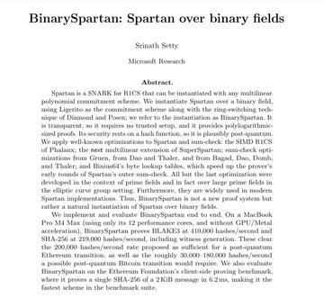 Academic paper titled 'BinarySpartan: Spartan over binary fields' by Srinath Setty from Microsoft Research, abstract describing an instantiation of Spartan as a sum-check protocol over binary fields and benchmark performance results.