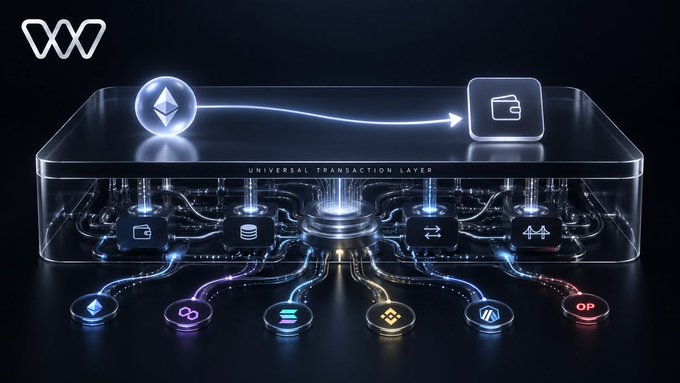 A futuristic graphic labeled 'UNIVERSAL TRANSACTION LAYER' depicts Ethereum connecting to a wallet icon, with multiple blockchain logos (Polygon, Solana, Optimism, etc.) branching out below.