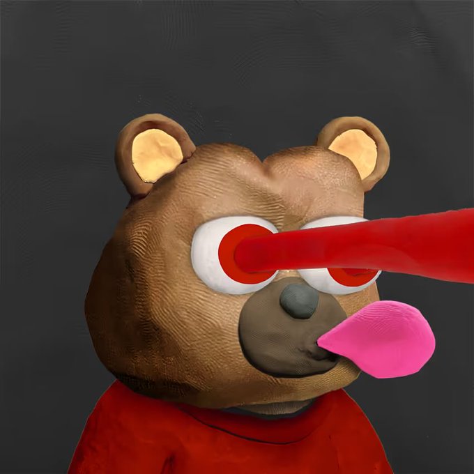 A 3D-rendered brown bear character wearing a red shirt, with stylized red laser eyes emitting beams and a pink bubble coming from its mouth, set against a dark background.