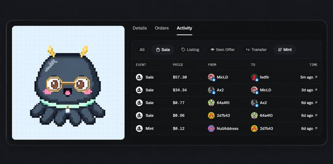 An NFT marketplace page showing a pixel art character with glasses, antennae, and pink cheeks, alongside sale details including prices ranging from $0.77 to $57.30 and user handles like MicLD, Ax2, and 64a4f0.