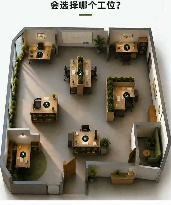 A 3D floor plan of an office layout with seven numbered workstations, featuring Chinese text asking 'Which workstation would you choose?'