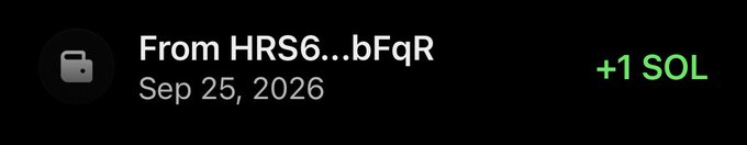 A cryptocurrency transaction notification showing a transfer from wallet HRS6...bFqR on Sep 25, 2026, receiving +1 SOL.