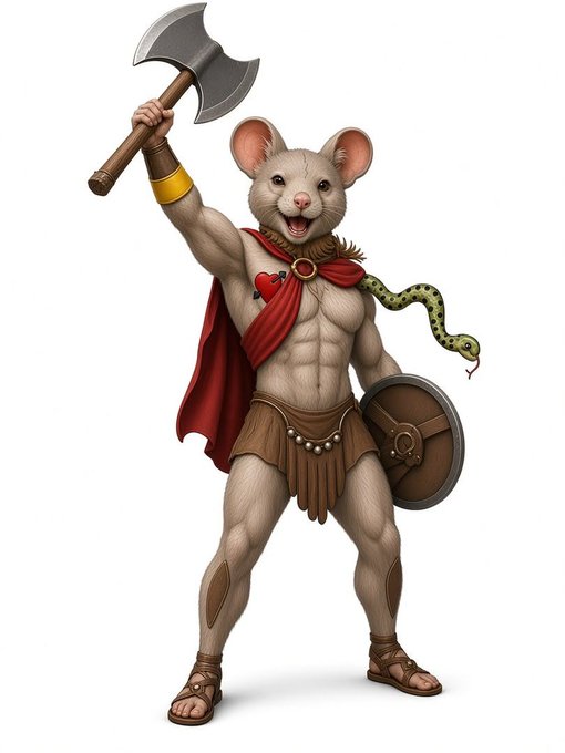 A muscular anthropomorphic mouse warrior wielding a double-bladed axe, wearing a red cape and Roman-style gladiator armor with a heart emblem and a snake draped over its shoulder.