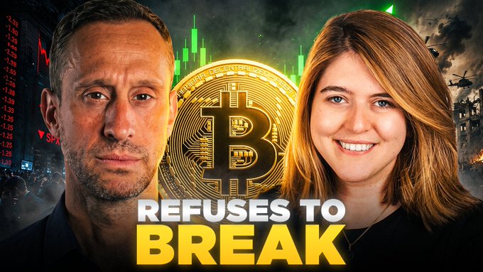 A Bitcoin graphic is flanked by two people, with stock market data labeled "SPX" on the left and a chaotic