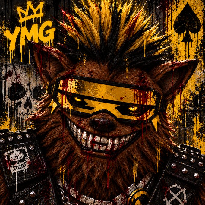 A gritty punk-style illustration of a snarling brown furry creature with a yellow mohawk, lightning-bolt sunglasses, and a bloody grin, wearing a studded black leather jacket, with 'YMG' tagged in yellow graffiti.