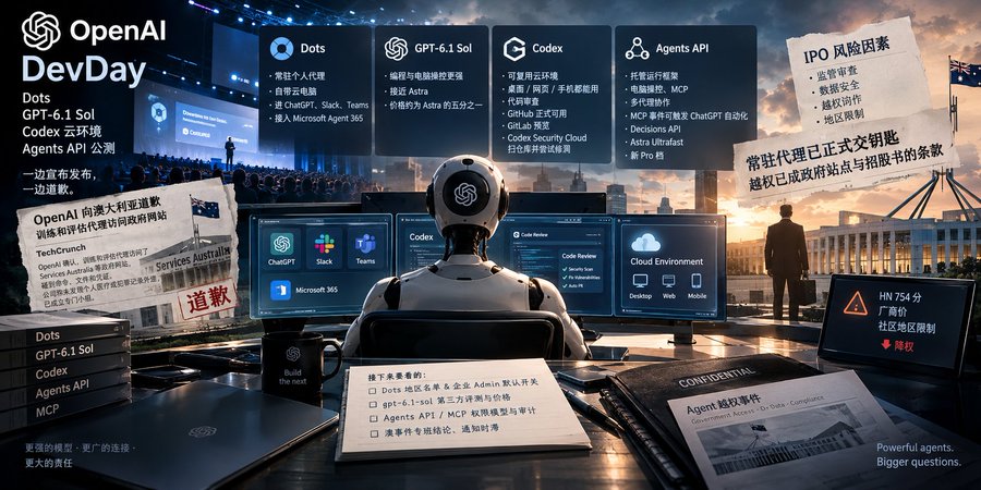 A complex digital graphic titled "OpenAI DevDay" showcasing various AI tools and models like Dots, GPT-6.1 Sol, Codex, and Agents API, set against a background with a robot, computer screens, and scattered newspaper headlines regarding AI, data security, and government regulations.