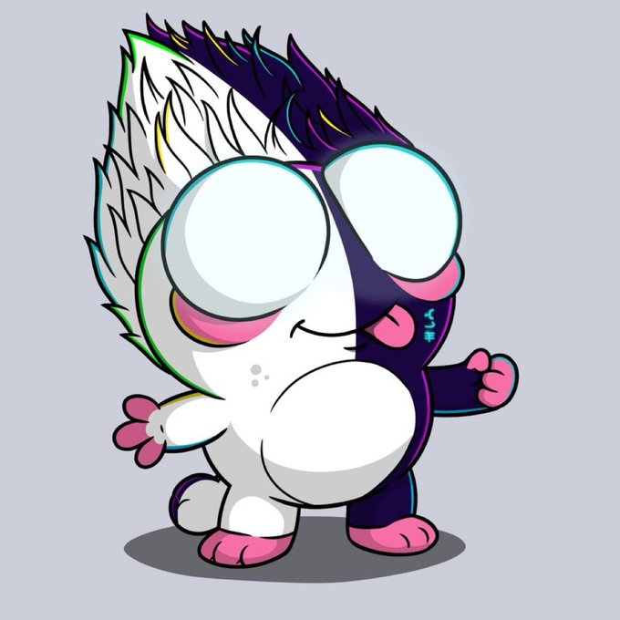 A cartoonish character stands against a gray background, featuring a split black and white design, spiky hair, large blank eyes, and pink accents on its hands and feet.