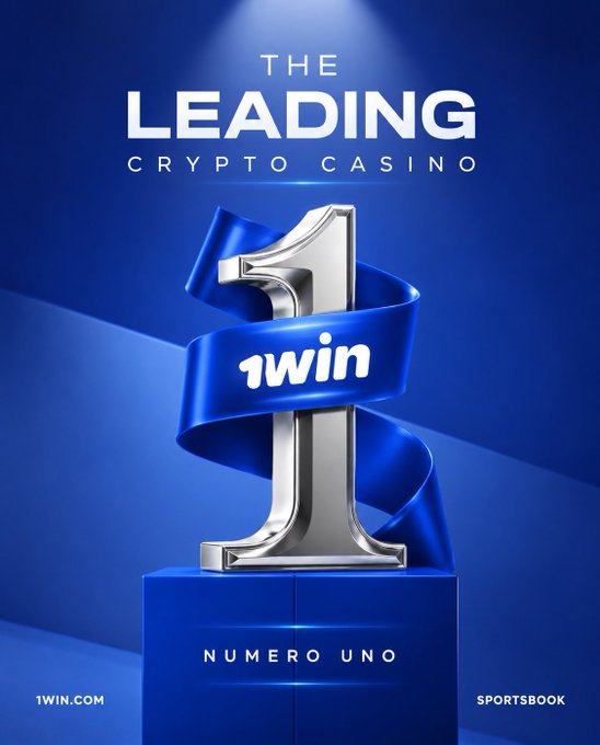 A promotional graphic for 1win featuring a large metallic silver "1" adorned with a blue ribbon displaying the "1win" logo, set against a deep blue background. The text reads "THE LEADING CRYPTO CASINO," "1WIN.COM," "SPORTSBOOK," and "NUMERO UNO," reinforcing the post's message about 1win's top position in the crypto gaming industry.