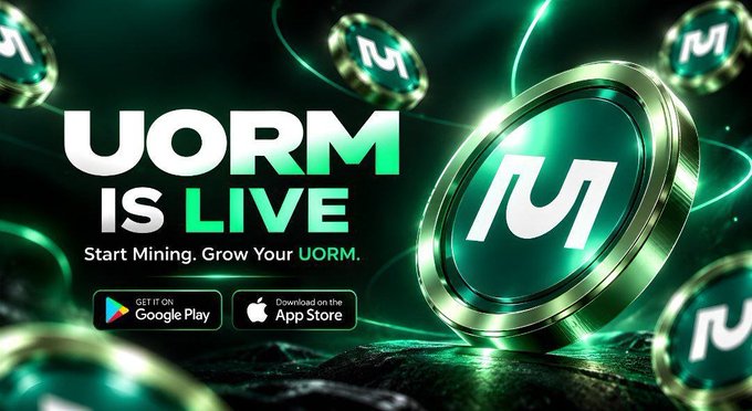 A promotional graphic with green glowing circular tokens featuring a stylized "M" logo, advertising "UORM IS LIVE - Start Mining. Grow Your UORM" with Google Play and App Store download buttons.
