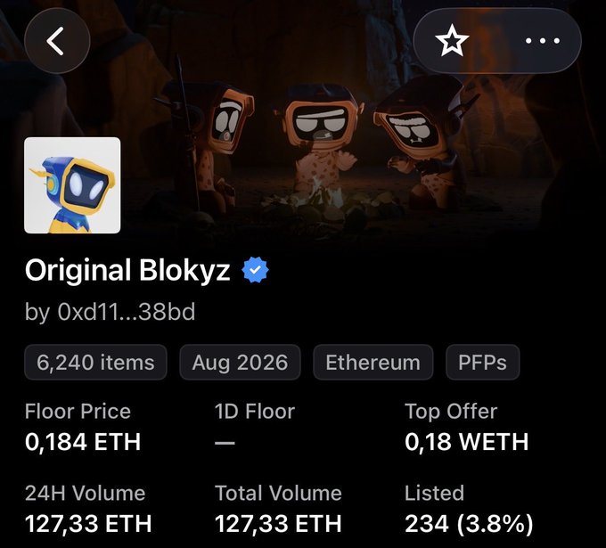 An NFT collection page on OpenSea for 'Original Blokyz' by 0xd11...38bd, with a floor price of 0.184 ETH and 6,240 items.