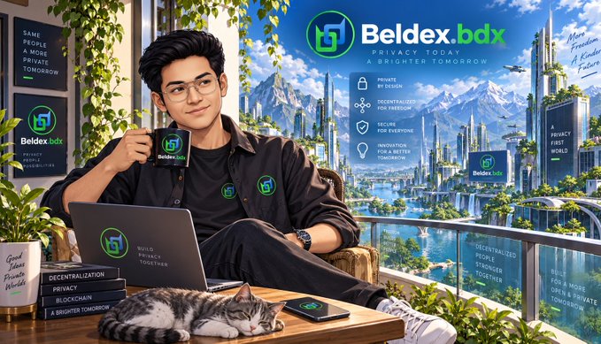 A promotional illustration for 'Beldex.bdx' featuring a young man with glasses working on a laptop next to a cat, set against a futuristic cityscape background with text highlighting features such as 'PRIVACY', 'DECENTRALIZATION', and 'BLOCKCHAIN'.