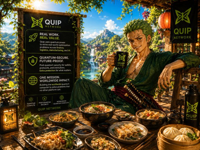 An anime-style green-haired character sits at a table of Asian cuisine in a lush outdoor setting, holding a 'QUIP NETWORK' cup, next to a board advertising 'REAL WORK. REAL VALUE.', 'QUANTUM-SECURE. FUTURE-PROOF.', and 'ONE MISSION. WORLDWIDE IMPACT.'